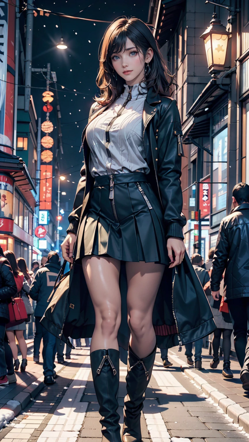 (1 female), unmanned, no one, landscape, winter, Christmas, city, Tokyo, Sidewalk, snow, light up, night, HD detailed, Super detailed, movie, Hyperrealism, Soft Light, Deep Focus Bokeh, Ray Tracing, Art Station pixivgwise, Makoto Shinkai, ArtJam、Micro Pleated Skirt、High Knee Socks、High neck zipper up top、Knee-high boots、Arms crossed、Realistic Breasts(Sagging due to gravity)、smile、Silver Hair、Green inner color