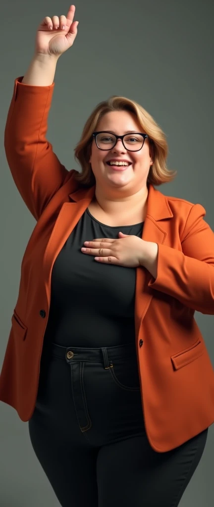 ((best quality)), ((masterpiece)), (detailed), perfect face chubby woman, Not CARTOON PIXAR style, weighing 100kg, with 1,67m high, white, Wearing clear frame glasses, medium length dark blonde hair, with a wide smile on your face, eyes open. Wearing black clothing with a terracotta blazer. Raising the left arm as a symbol of resistance and the right hand over the heart as a sign of respect.
