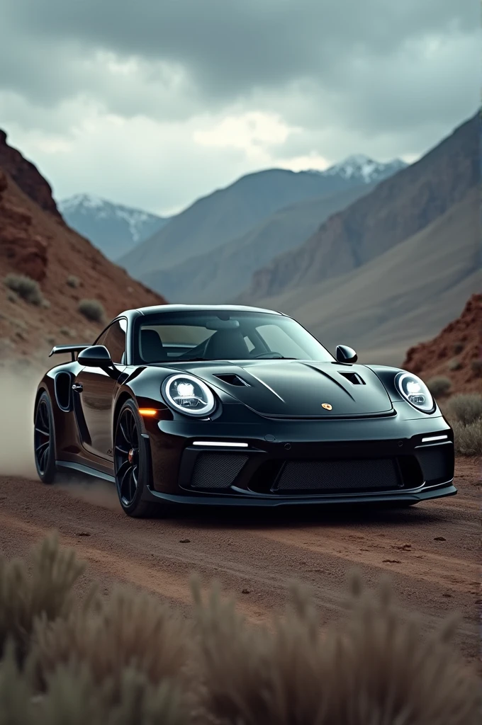black porche 991 car, detailed engine, realistic car, high quality, photorealistic, 8k, detailed interior, dynamic camera angle, dramatic lighting, glossy paint, reflective surface, rugged terrain background, overcast sky, dust particles, cinematic composition, urban place, in the city