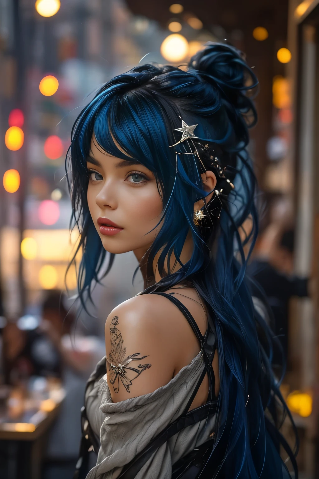 Extremely beautiful, 1 girl, She is an impressive young woman with bright blue hair, that falls in loose waves to her shoulders. Her hair is alive, reflects her adventurous and creative spirit. It is a characteristic part of her look, often decorated with small silver hairpins and clips in the shape of stars and moons.