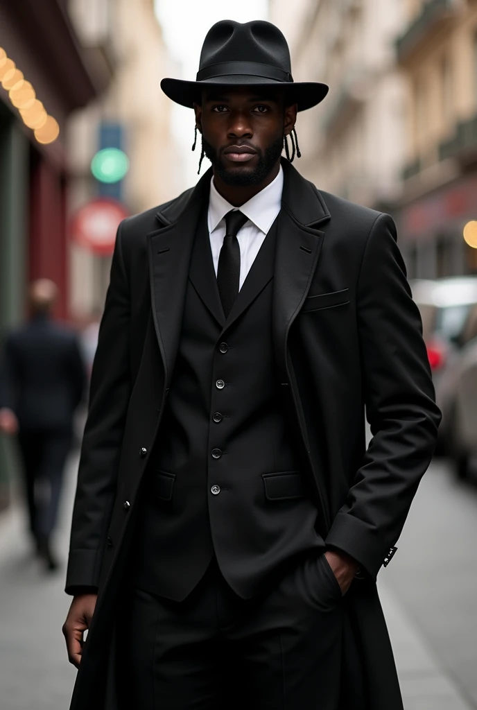 Create exu locks street, wearing black suit and hat