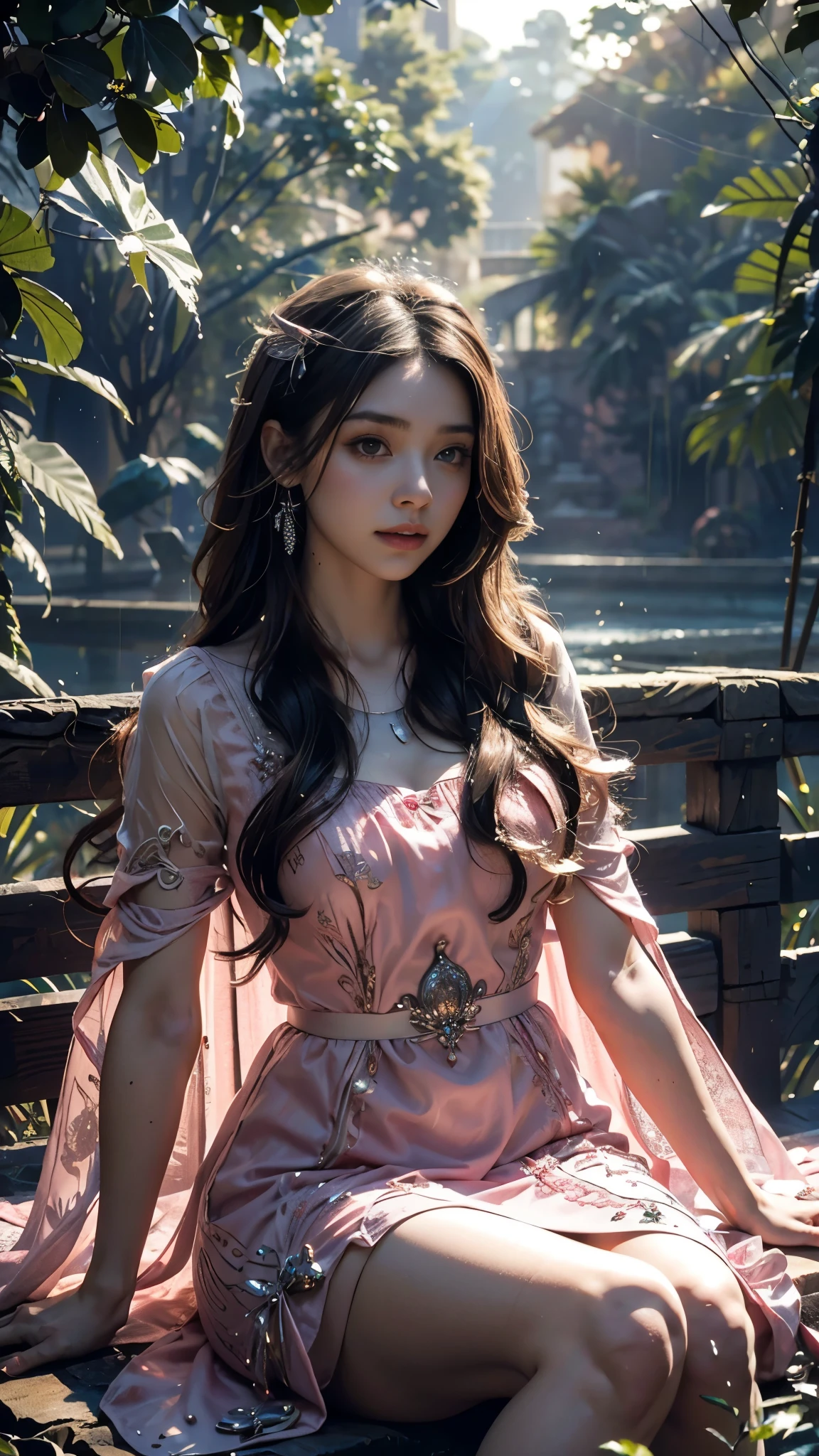 4K, UHD, Masterpiece, 1 girl, good face, detailed eyes, ((very long hair)), bridal hairstyle, butterfly on hair, ornaments, crystal ornaments, jwellery, block print dress, ((pink dress)), very detailed dress, strap dress, flowing cape, mesh stocking, cinematic unreal scenery, legendary scenery, rainy weather, wet ground, depth of field, ray tracing, bloom, god rays, lens flare, sun flare, cinematic pose, sitting,