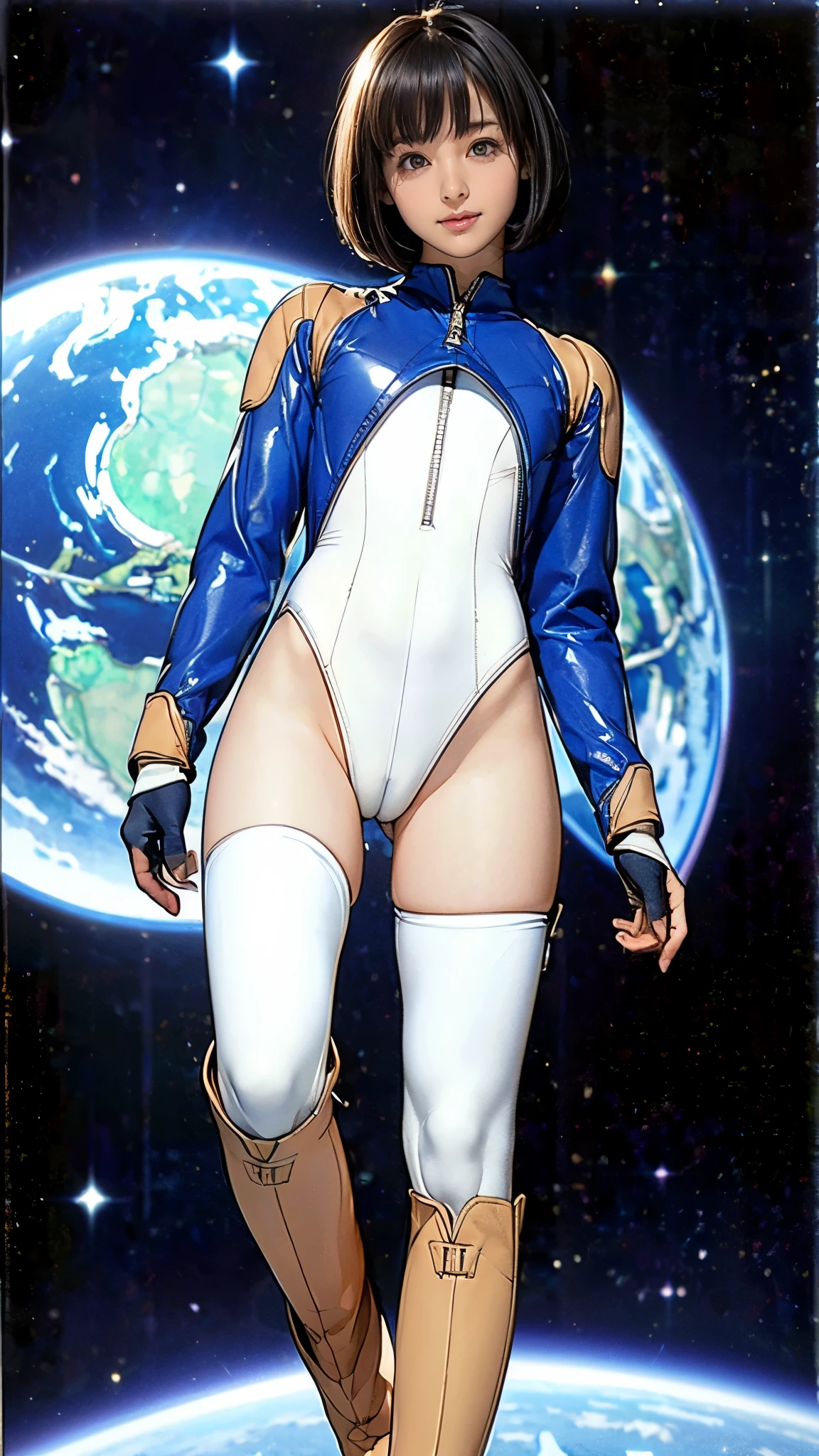 (masterpiece、Highest quality、Highest Resolution、clear_image、Detailed explanation): (Full body portrait、-yeld giVery slim、The Face of Japan、Small face、thin、Navy blue super short bob cut hair、Blue colored eyes、((Navy long sleeve space suit))、Cute type、A kind smile、Soft look、(((Knee-high boots)))、Elbow-length gloves、Eye-level shot、face directly、Woman on a spaceship), (((camel toe))), ((Pure white leotard))