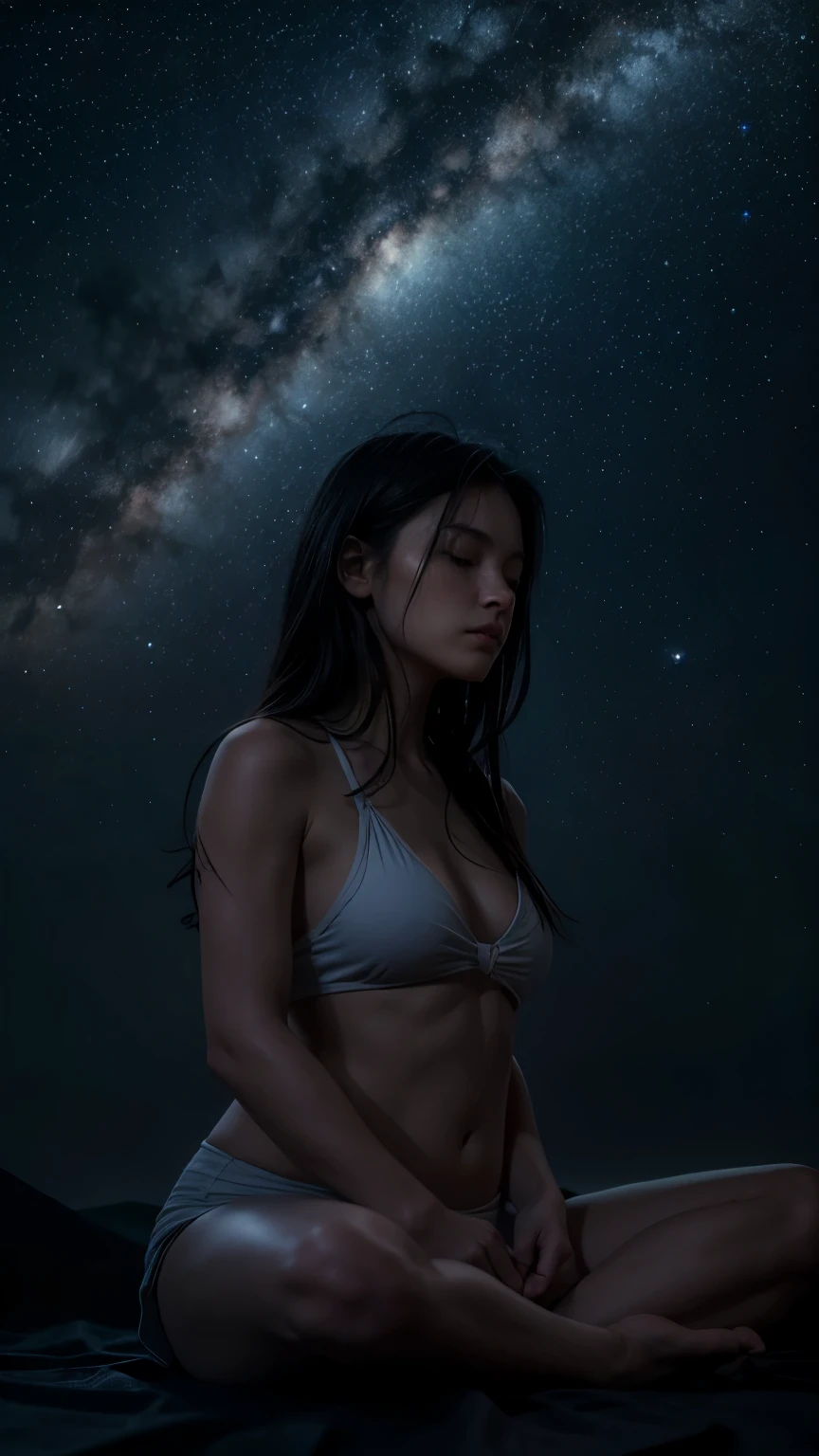 Create a dark style image that conveys a motivational message. The image must include a figure sitting in meditation under a starry sky, face perfect, attractive look, with a soft light around the figure, suggesting peace and introspection. The atmosphere should be silent and contemplative, with a contrast between the darkness of night and the light of meditation