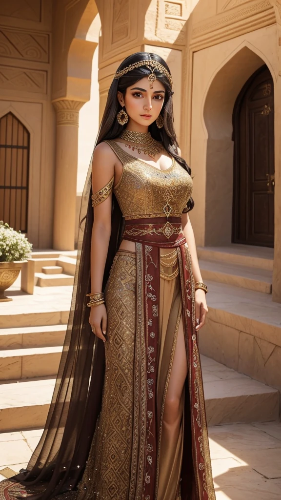 Ancient persian young beautiful woman with dark brown long with smooth curls. She has light brown eyes. She is dressed in a typical ancient persian desert princess outfit. She stands in front of her family's royale place.