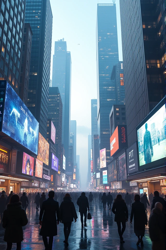 The bustling city of the future. Skyscrapers adorned with holographic billboards stretch towards the sky. people, Both humans and robots, Actively move along the street..... The atmosphere is in harmony with the chatter of humans and the hum of robots.