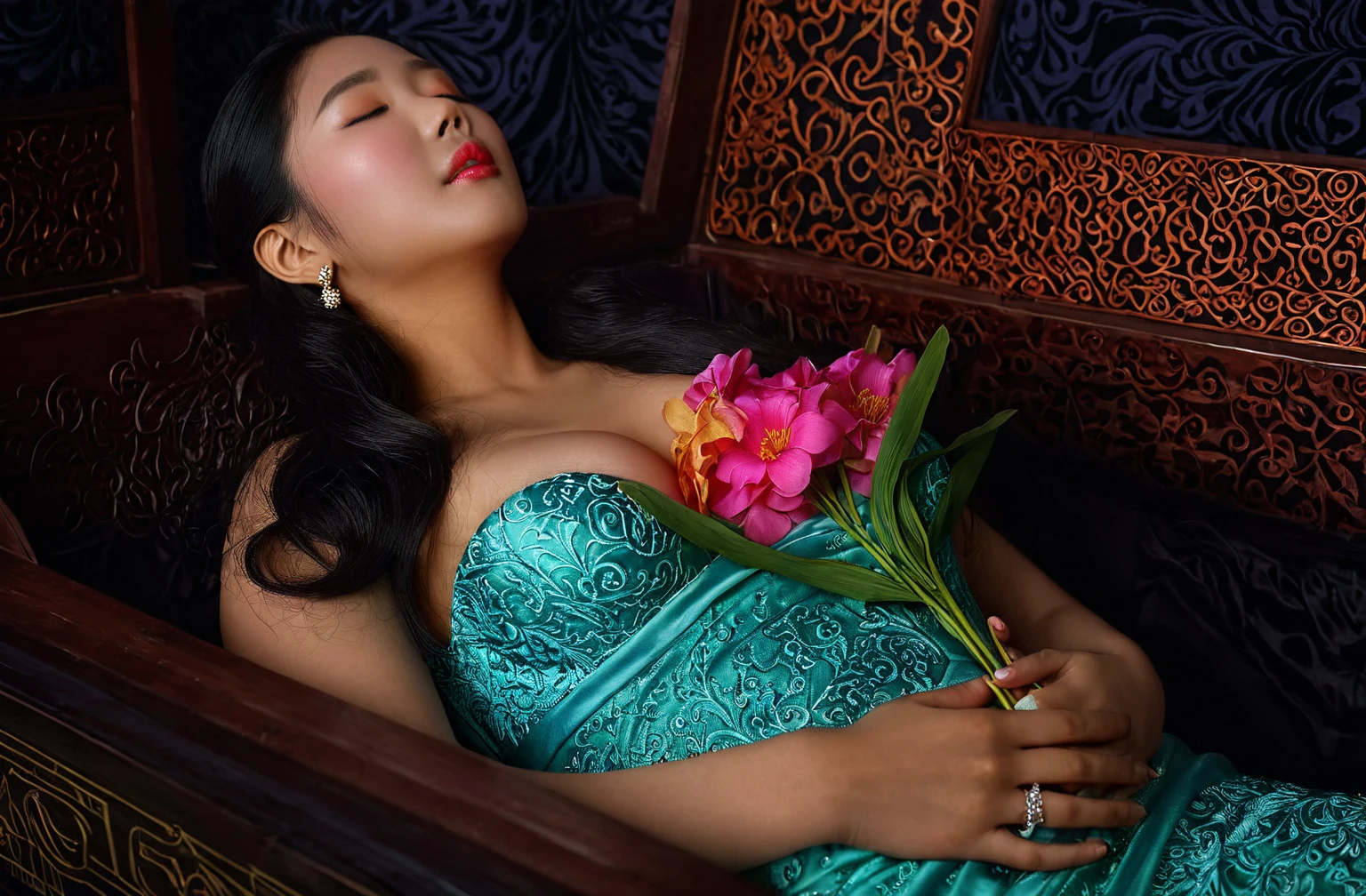 In a striking 8K HDR scene, a stunning Korean woman, 22 years old, lies peacefully in a coffin and coffin cover surrounded by plush pillows behind head. The deep box is set against a rich black background, accentuating the beauty of the subject. Her exquisite deep-V neckline kebaya attire is embroidered with superb detail, showcasing her round and firm breasts, perfect cleavage, and beautiful eyebrows. Her closed eyes and mouth give an air of serenity, while her visible and absolute cleavage leave nothing to imagination. The scene is bathed in saturated colors, highlighting every intricate aspect from the ball skirt to her clean face, straight body, detailed hand perfect hands, straight body, own hands together, own hand on stomach, detailed hands, perfect hands, holding the flowers, waring high heels