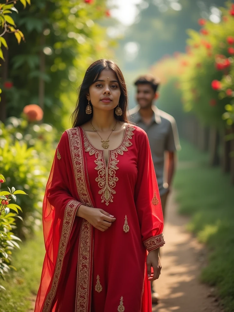 A 21 year old Indian girl she is wearing red colour suit salwar and she is going towards the garden and behind her she also has boyfriend when I am going hand in pocket and the girl is a little bit shy And she has boyfriend behind her too.hd realistic art image