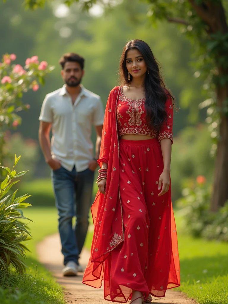 A 21 year old Indian girl she is wearing red colour suit salwar and she is going towards the garden and behind her she also has boyfriend when I am going hand in pocket and the girl is a little bit shy And she has boyfriend behind her too.hd realistic art image