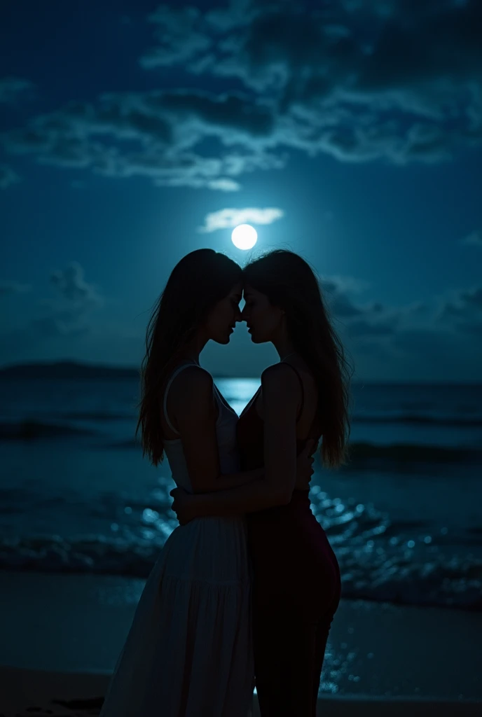 A beautiful girl with long flowing hair in a moonlit garden, a second girl sitting beside her, waves crashing on the shore in the background, (best quality,4k,8k,highres,masterpiece:1.2),ultra-detailed,(realistic,photorealistic,photo-realistic:1.37),detailed facial features,intricate clothing, dramatic lighting and shadows, vibrant colors, mystical atmosphere, cinematic composition