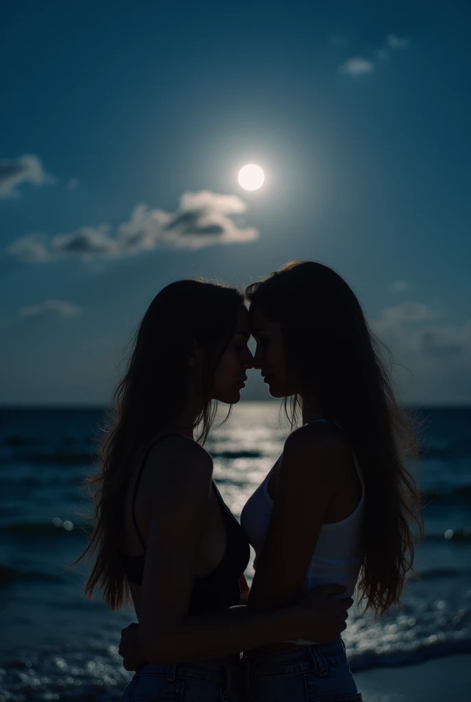 A beautiful girl with long flowing hair in a moonlit garden, a second girl sitting beside her, waves crashing on the shore in the background, (best quality,4k,8k,highres,masterpiece:1.2),ultra-detailed,(realistic,photorealistic,photo-realistic:1.37),detailed facial features,intricate clothing, dramatic lighting and shadows, vibrant colors, mystical atmosphere, cinematic composition