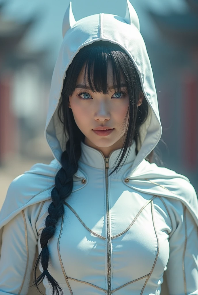 superhero, modern super hero costume, white bat costume, style like a blackbat suit, with a Chinese sword, Beautiful Chinese woman, 20 years old, Chinese woman with bang, with blue eyes, courageous character, Kind, Brave, determination, on the battlefield, atmospheric perspective, Motion blur, 8k, super detailing, Best quality, uhd, high detail