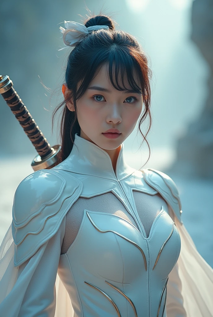 superhero, modern super hero costume, white bat costume, style like a blackbat suit, with a Chinese sword, Beautiful Chinese woman, 20 years old, Chinese woman with bang, with blue eyes, courageous character, Kind, Brave, determination, on the battlefield, atmospheric perspective, Motion blur, 8k, super detailing, Best quality, uhd, high detail