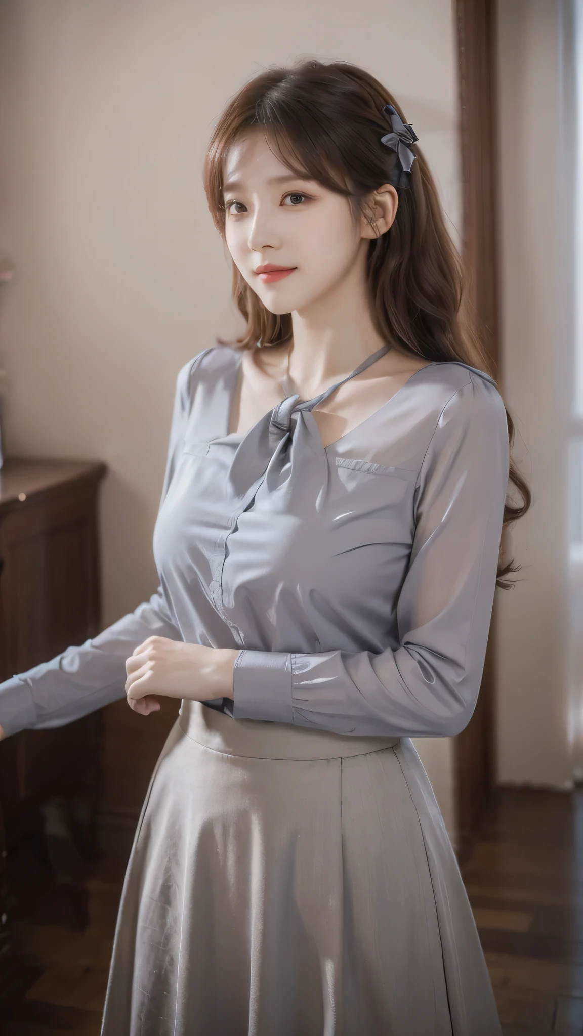 detailed background, masterpiece, best quality, 1 person , curly hair, long hair, purple eyes, star in eye , grey Strapless blouse, long skirt, grey, tight , grey blouse , beautiful bow, detailed bow,