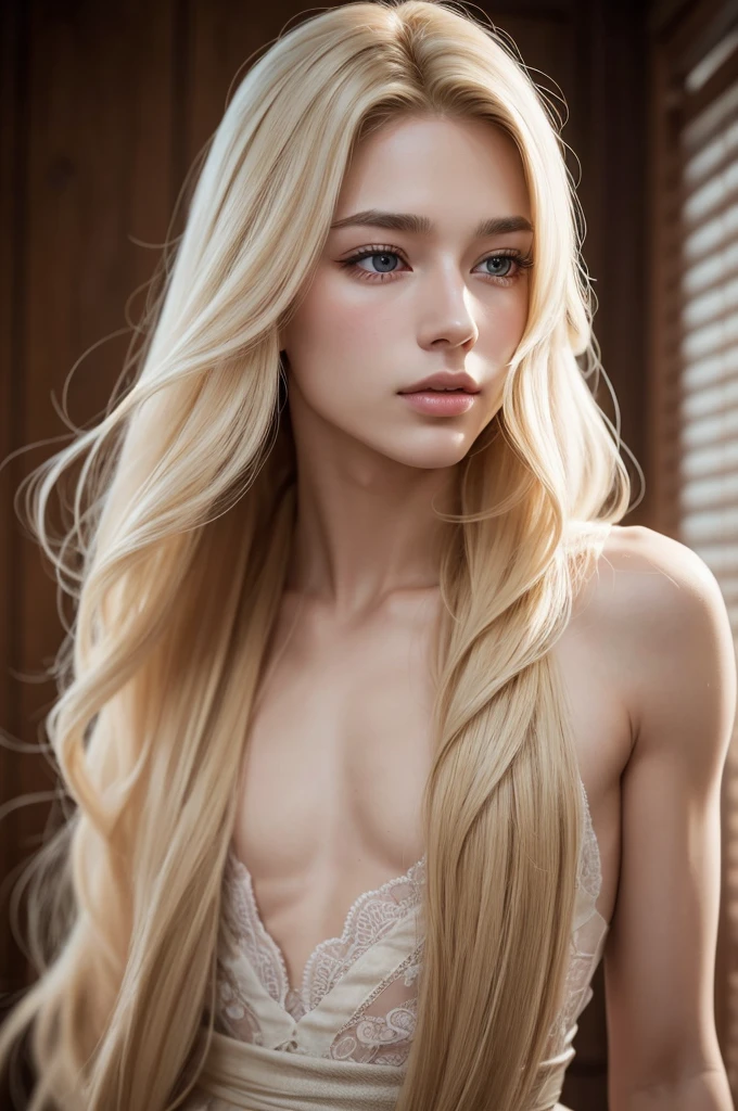 A delicate man with long, waist-length blond hair, voluminous eyelashes, a ruddy mouth, and a delicate appearance