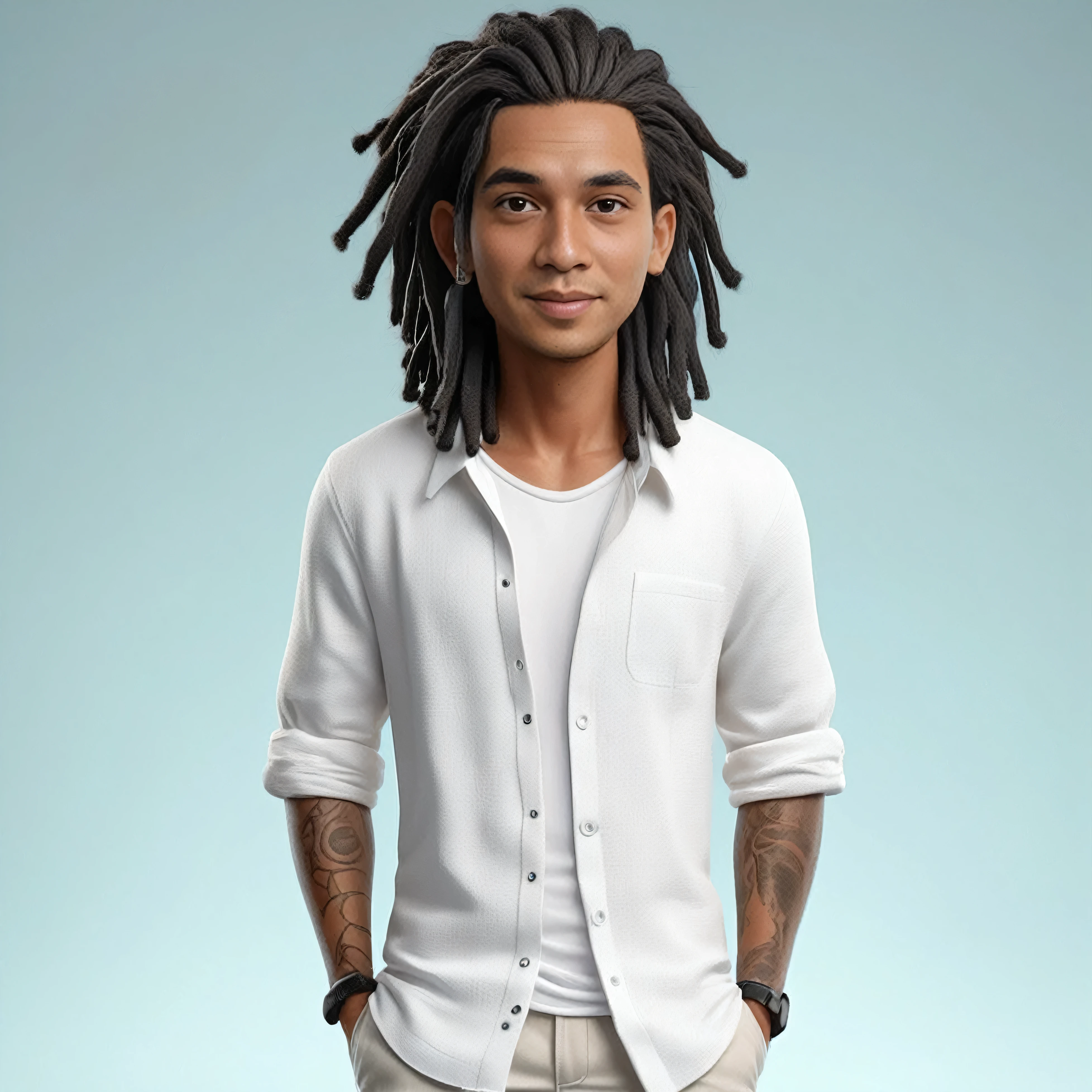 Create a full body portrait of cartoonish caricature 3D animation of a big-headed facing straight to the camera. a 25 years old Pakistani businessman. He has short black pixie cut hair. His face is oval with smooth lines, thick and neat black eyebrows, normal eyes, a small, sharp nose, and thin lips with a wide, friendly smile. He wore a black double breasted suit. Gradient blue background. masterpiece, top quality, highly detailed skin and face, ultra-realistic, high definition, sharp focus, Concept Art. Front facing, medium wide angle shot, in a office environment.