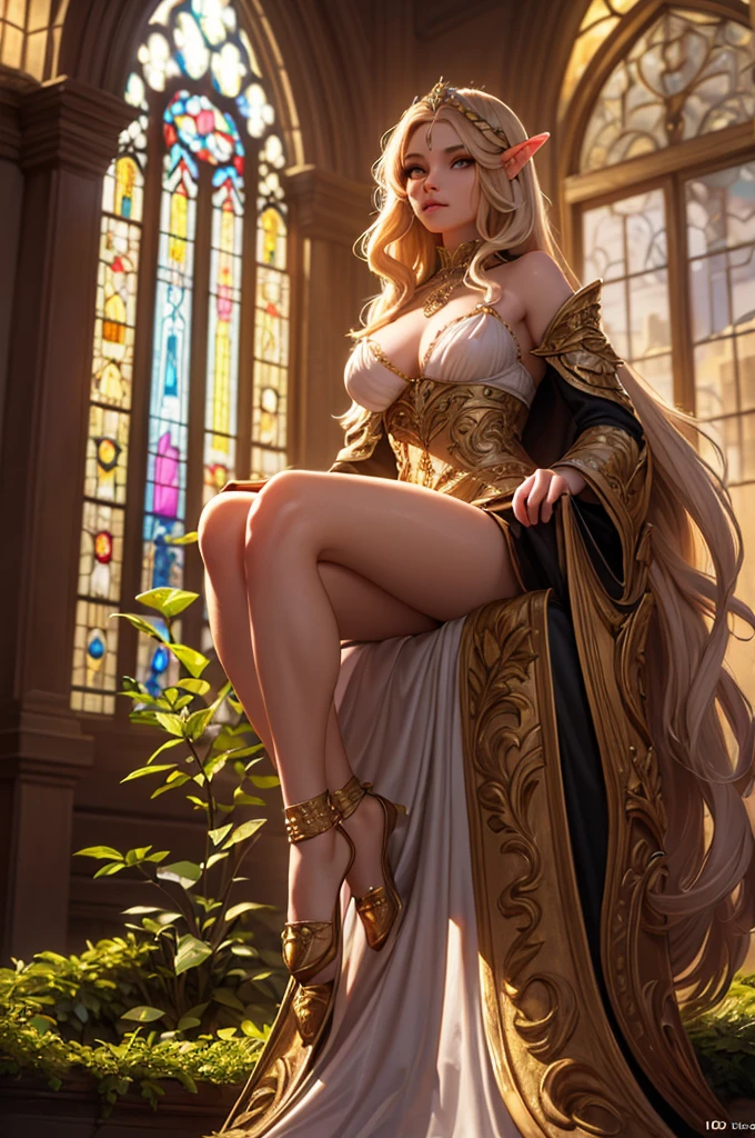 a highly detailed digital art, a lavish royal elven court, a beautiful woman with long flowing hair,intricate elven architecture, ornate golden throne, glowing crystals, lush greenery, sunlight streaming through stained glass windows,elegant feminine figure sitting on throne, ethereal magical atmosphere, vibrant colors, cinematic lighting, photorealistic, (best quality,8k,highres,masterpiece:1.2),ultra-detailed,(realistic,photorealistic,photo-realistic:1.37),fantasy,concept art