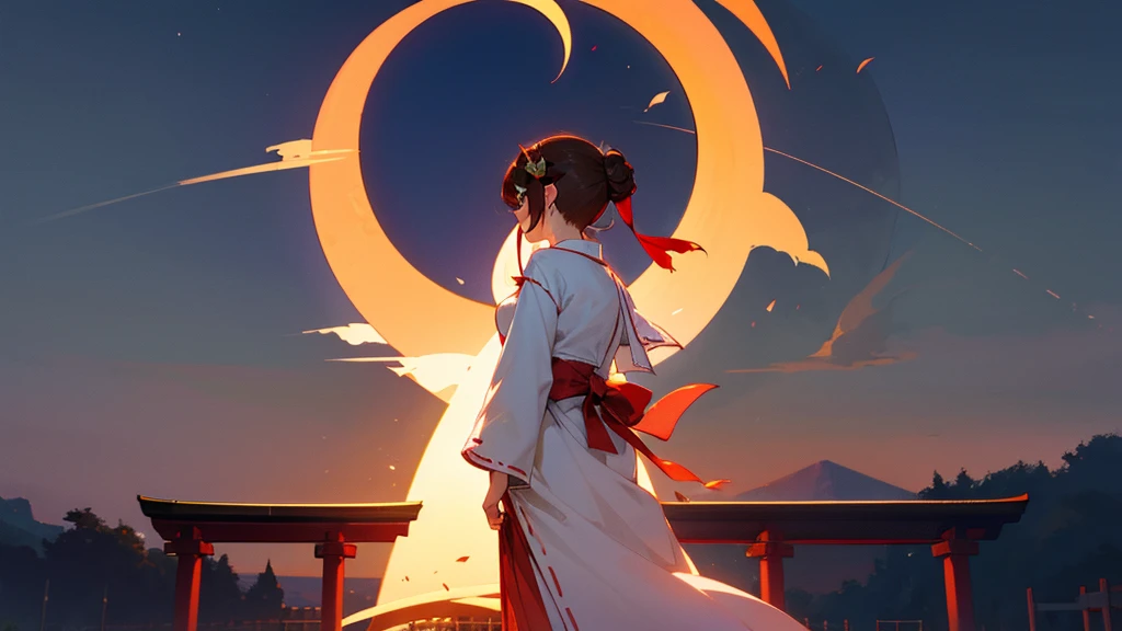 Crescent Moon Day Shrine,One girl dressed as a shrine maiden,Back view,Brown Hair