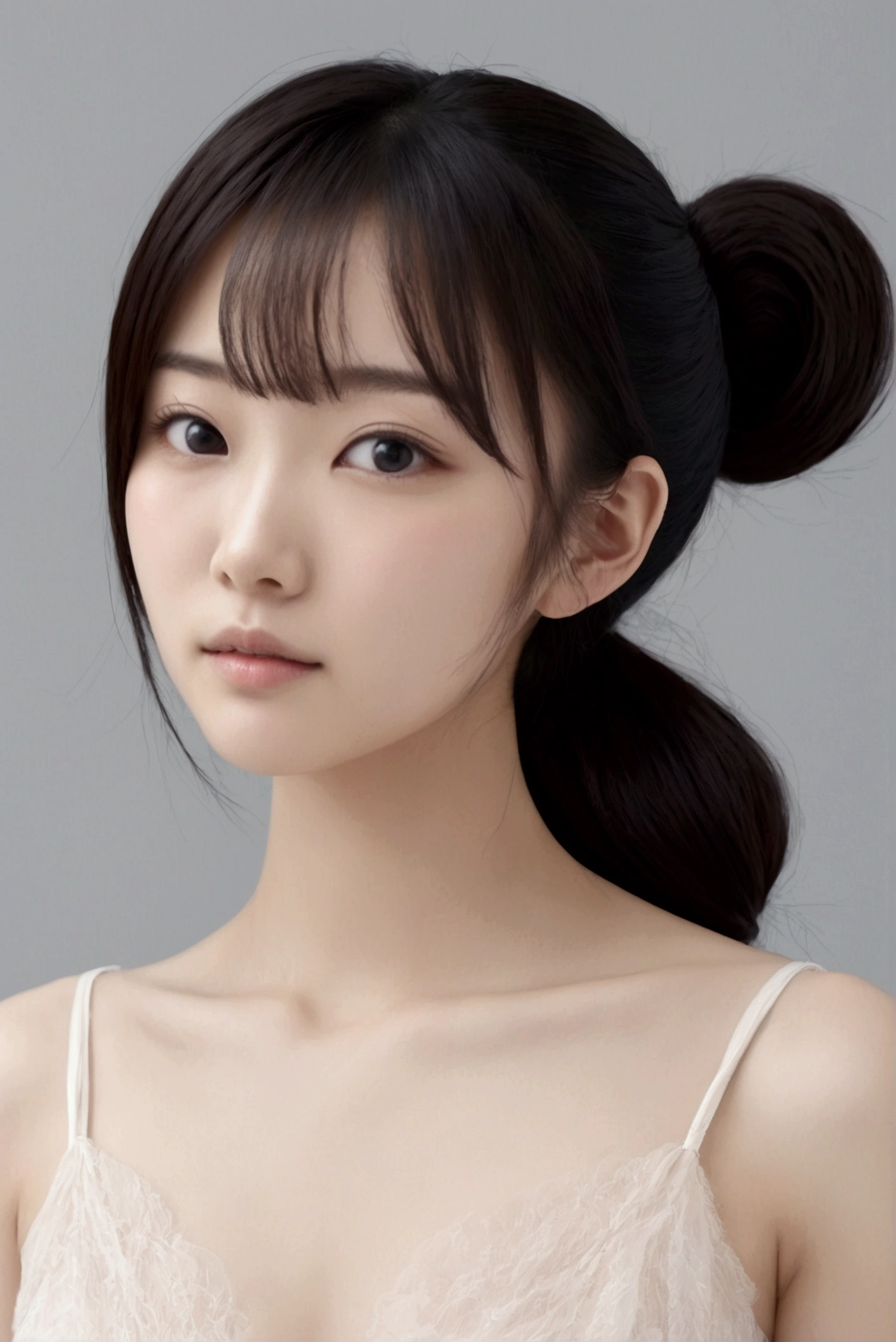 I want an image of a 23-year-old Asian woman with a ponytail, beautiful face, small chest, and double eyelids.