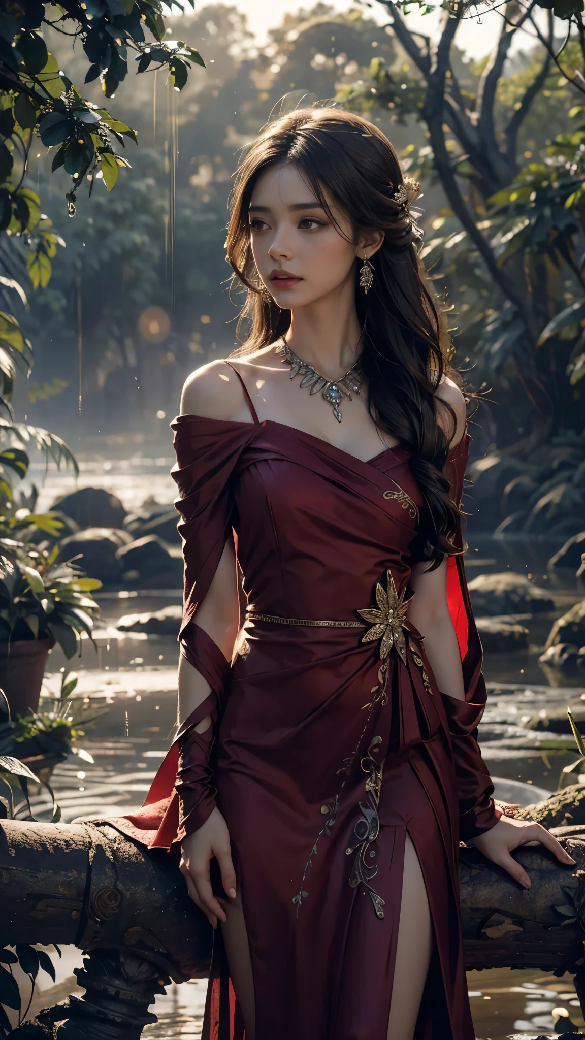 4K, UHD, Masterpiece, 1 girl, good face, detailed eyes, ((very long hair)), bridal hairstyle, butterfly on hair, ornaments, crystal ornaments, jwellery, block print dress, ((red dress)), very detailed dress, strap dress, flowing cape, mesh stocking, cinematic unreal scenery, legendary scenery, rainy weather, wet ground, depth of field, ray tracing, bloom, god rays, lens flare, sun flare, cinematic pose,