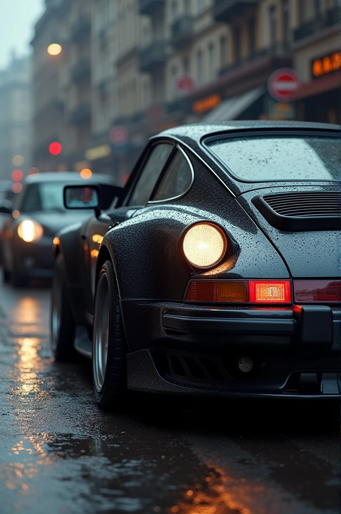 black porche 991 car, detailed engine, realistic car, high quality, photorealistic, 8k, detailed interior, dynamic camera angle, dramatic lighting, reflective surface, urban background, in the city , overcast sky, dust particles, cinematic composition