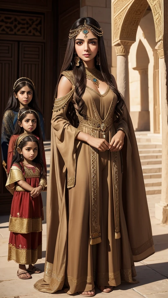 Ancient persian young beautiful woman with dark brown long with smooth curls. She has light brown eyes. She is dressed in a typical ancient persian desert princess outfit. She stands in front of her family's royale place. Her face is smoothly mature but still young and beautiful