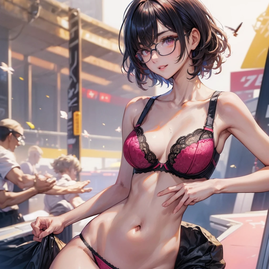 (((alone))), (A very cute 20 year old young woman from Japan), ((delicate hair black)), ((messy side wave short hair)), (((Slender and slender body type))), small breasts, glasses, lace lingerie, vivid pink bra, (((clean hands))),(curly hair),(((very kind smile))), (((I do not have a girlfriend wearing panties))), (((She wears sexy bra))), (( highest quality, 16km race, pieces fly: 1.3)), light shines on your face, super detailed face, highly detailed lips, fine eyes, glasses