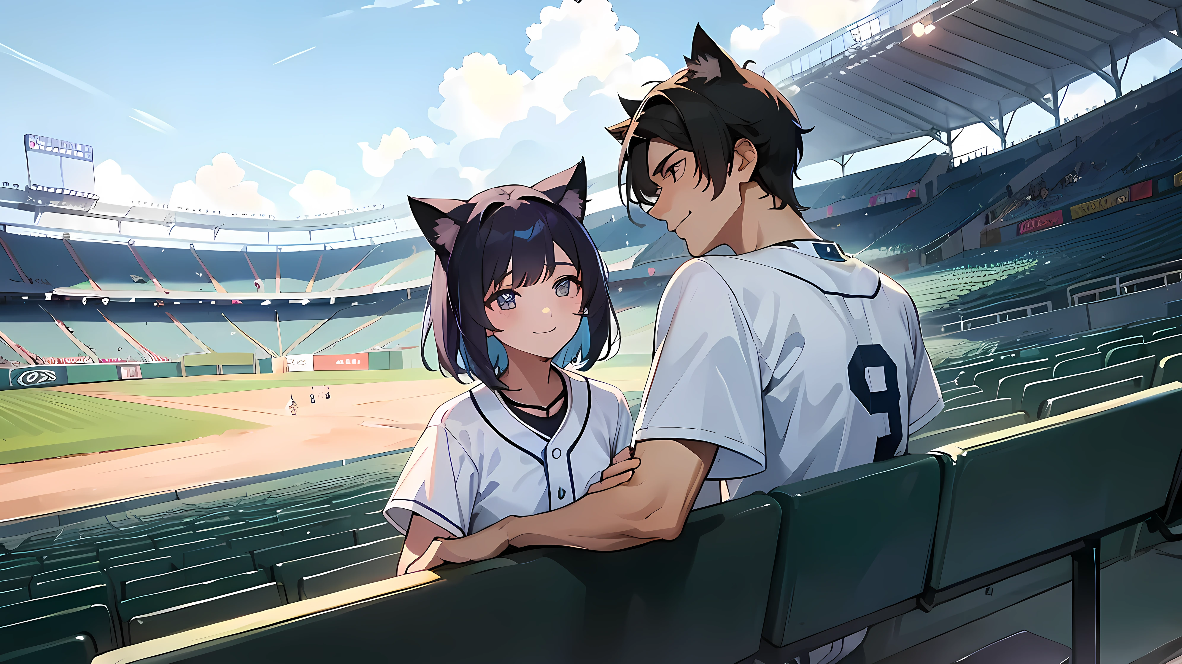Spectator seats at an outdoor baseball stadium in midsummer。A couple of men and women are wearing baseball uniforms。The man is tall and handsome with dark hair.。The woman is short and cute, with light purple hair and short hair and cat ears.。Both of them are smiling and making cute poses.。
