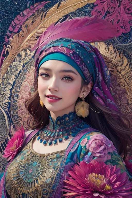 (masterpiece, top quality, best quality, official art, Beautiful and beautiful:1.2), (1 girl:1.3), smiling, wear intricate hijab, Very detailed,(fractal art:1.1),(rich and colorful:1.1)(flowers:1.3),most detailed,(Zentangle:1.2), (abstract background:1.3), (shiny skin), (Many colors:1.4), ,(earrings), (feather:1.5),