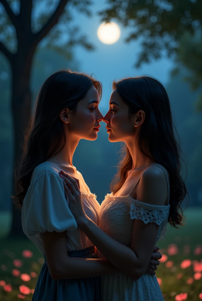 A beautiful girl with long flowing hair in a moonlit garden, a second girl sitting beside her, waves crashing on the shore in the background, (best quality,4k,8k,highres,masterpiece:1.2),ultra-detailed,(realistic,photorealistic,photo-realistic:1.37),detailed facial features,intricate clothing, dramatic lighting and shadows, vibrant colors, mystical atmosphere, cinematic composition