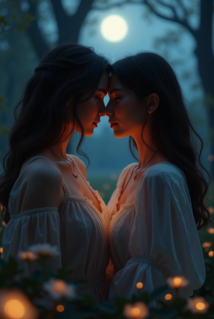 A beautiful girl with long flowing hair in a moonlit garden, a second girl sitting beside her, waves crashing on the shore in the background, (best quality,4k,8k,highres,masterpiece:1.2),ultra-detailed,(realistic,photorealistic,photo-realistic:1.37),detailed facial features,intricate clothing, dramatic lighting and shadows, vibrant colors, mystical atmosphere, cinematic composition