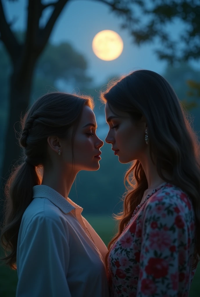 A beautiful girl with long flowing hair in a moonlit garden, a second girl sitting beside her, waves crashing on the shore in the background, (best quality,4k,8k,highres,masterpiece:1.2),ultra-detailed,(realistic,photorealistic,photo-realistic:1.37),detailed facial features,intricate clothing, dramatic lighting and shadows, vibrant colors, mystical atmosphere, cinematic composition