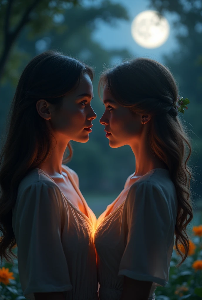 A beautiful girl with long flowing hair in a moonlit garden, a second girl sitting beside her, waves crashing on the shore in the background, (best quality,4k,8k,highres,masterpiece:1.2),ultra-detailed,(realistic,photorealistic,photo-realistic:1.37),detailed facial features,intricate clothing, dramatic lighting and shadows, vibrant colors, mystical atmosphere, cinematic composition