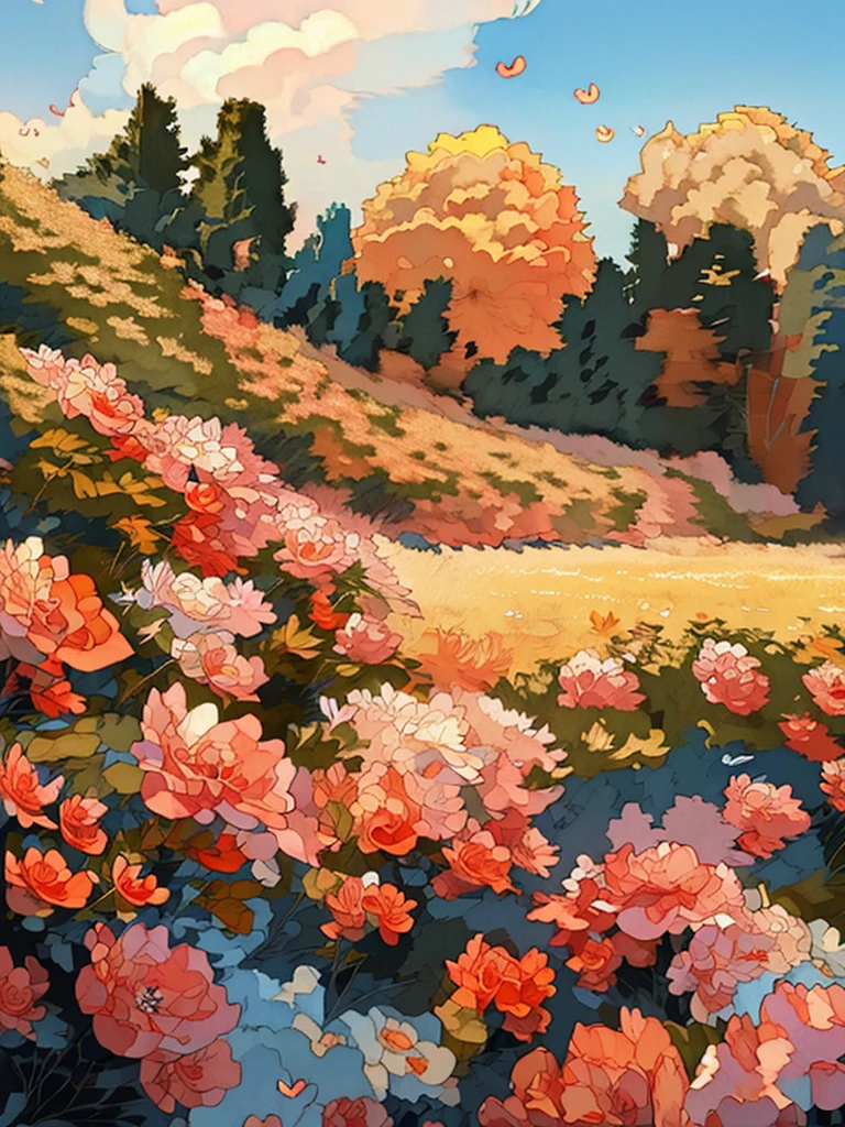 ((Highest quality)),(Ultra-high resolution),(Very detailed),(Detailed Description),((The best CG)),(masterpiece),Ultra-precise art,Amazing drawing art, ((Yellow Color)), (Orange color),(Green Color), Top View, ,,Holographic, Super detailed, Flower Field , (((No people))), Beautiful Anime,rainbow,colorful, Anime Fantasy,cute,(Watercolor:1.3)、Light Mixing、Beautiful and delicate, 8k detailed high quality Fantasy art, Flower Fieldの背景,澄んだ空の背景にrainbow, Fantasy art, Beautiful n delicate, colorfulなアートワーク, Detailed Background,(Petals flutter:1.4)、beautiful flower々、Lots of flowers、colorfulな色彩、Peepland、Awareness-raising、milky way、Shining Star々、Wet、Sparkling、、Highest quality、Fantasy、, colorfulな色彩、(kaleidoscope:1.2)、Very detailedな、
