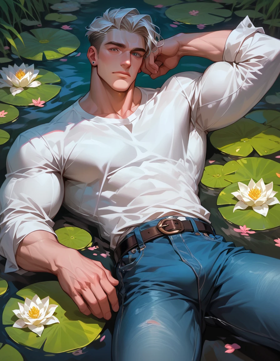 A handsome, tall, muscular man, mature male, lying comfortably on his back in a pond filled with white lily flowers, viewed from directly above, wearing a white shirt and jeans, calm expression