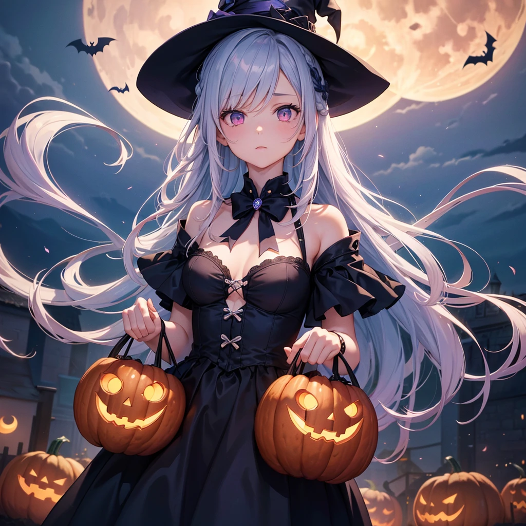 (Sky blue braided medium length hair), (Pink eyes),Fair skin) ,(whole body),(One Girl),(Crescent Moon),(A large number of pumpkin ghosts in the background),(Trick or Treat),Halloween Party),(masterpiece, Highest quality, Very detailed, Best Shadow), (Detailed Background), (Beautifully detailed face), High Contrast, (Best lighting, Very delicate and beautiful), ((Cinematic Light)), Hyper Detail,8k, Dramatic Light, Intricate details,Witch's Clothes,Magic broom,night,Bats fly in the sky,