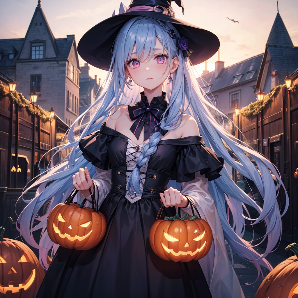 (Sky blue braided medium length hair), (Pink eyes),Fair skin) ,(whole body),(One Girl),(Crescent Moon),(A large number of pumpkin ghosts in the background),(Trick or Treat),Halloween Party),(masterpiece, Highest quality, Very detailed, Best Shadow), (Detailed Background), (Beautifully detailed face), High Contrast, (Best lighting, Very delicate and beautiful), ((Cinematic Light)), Hyper Detail,8k, Dramatic Light, Intricate details,Witch's Clothes,Magic broom,night,Bats fly in the sky,
