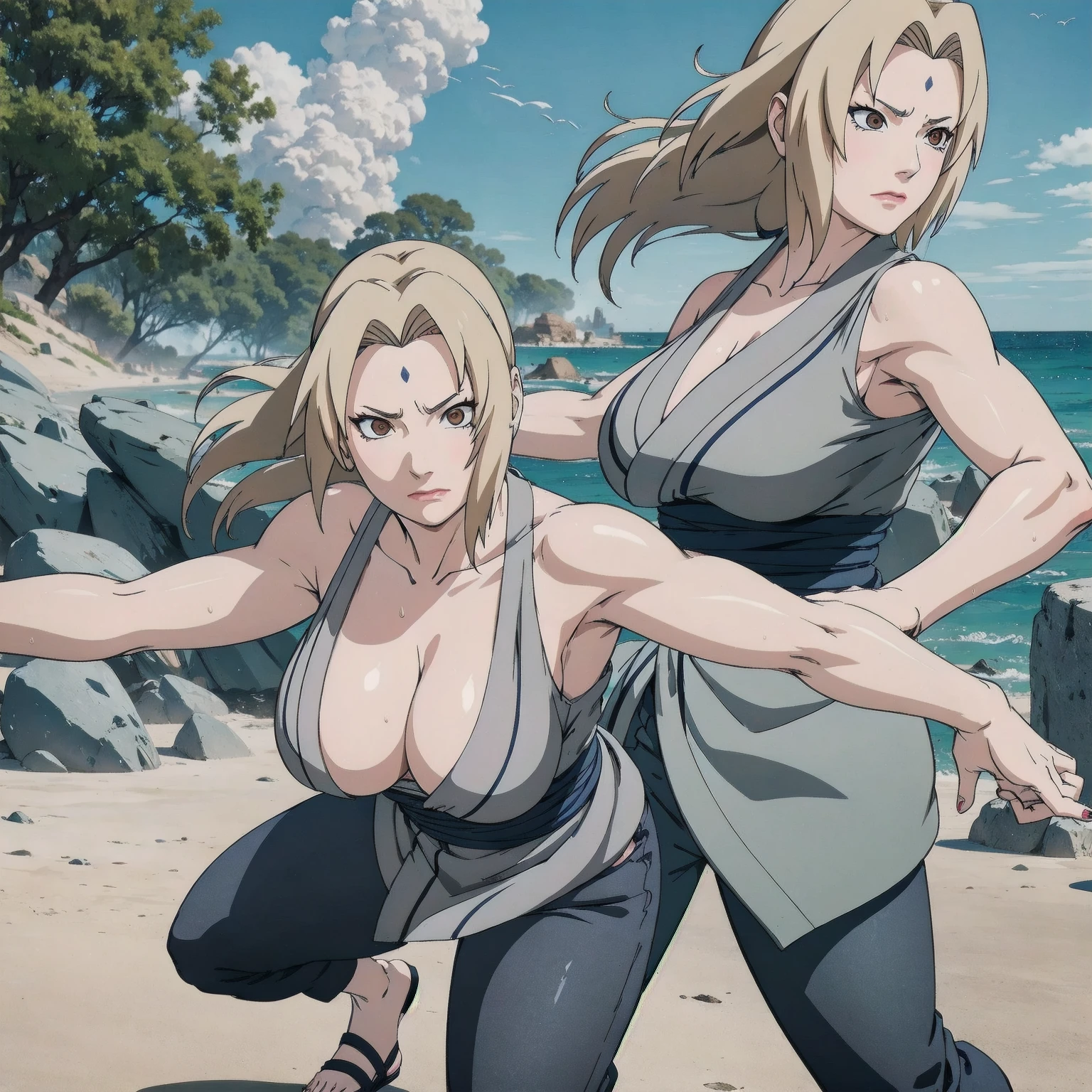 (masterpiece, highest quality:1.2), alone, One Girl, Tsunade Defense, Forehead mark, View your audience、((Battle Scenes、Fighting Pose、Sweat、sand smoke、Rocky area、wood、Navy blue pants、No sleeve、Torn clothes、Large areola、chest))、Beautiful girl with beautiful details, Professional photography illumination, Highly detailed eyes and face, Beautiful eyes in every detail、Beautiful detailed hair, Beautiful and exquisite cold face、アニメ、((No sleeve、Armpit))