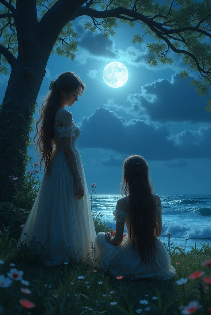 A beautiful girl with long flowing hair in a moonlit garden, a second girl sitting beside her, waves crashing on the shore in the background, (best quality,4k,8k,highres,masterpiece:1.2),ultra-detailed,(realistic,photorealistic,photo-realistic:1.37),detailed facial features,intricate clothing, dramatic lighting and shadows, vibrant colors, mystical atmosphere, cinematic composition