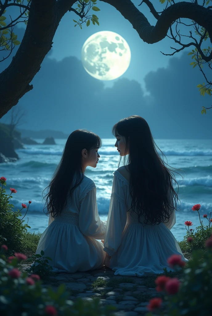 A beautiful girl with long flowing hair in a moonlit garden, a second girl sitting beside her, waves crashing on the shore in the background, (best quality,4k,8k,highres,masterpiece:1.2),ultra-detailed,(realistic,photorealistic,photo-realistic:1.37),detailed facial features,intricate clothing, dramatic lighting and shadows, vibrant colors, mystical atmosphere, cinematic composition