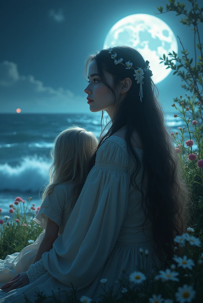 A beautiful girl with long flowing hair in a moonlit garden, a second girl sitting beside her, waves crashing on the shore in the background, (best quality,4k,8k,highres,masterpiece:1.2),ultra-detailed,(realistic,photorealistic,photo-realistic:1.37),detailed facial features,intricate clothing, dramatic lighting and shadows, vibrant colors, mystical atmosphere, cinematic composition