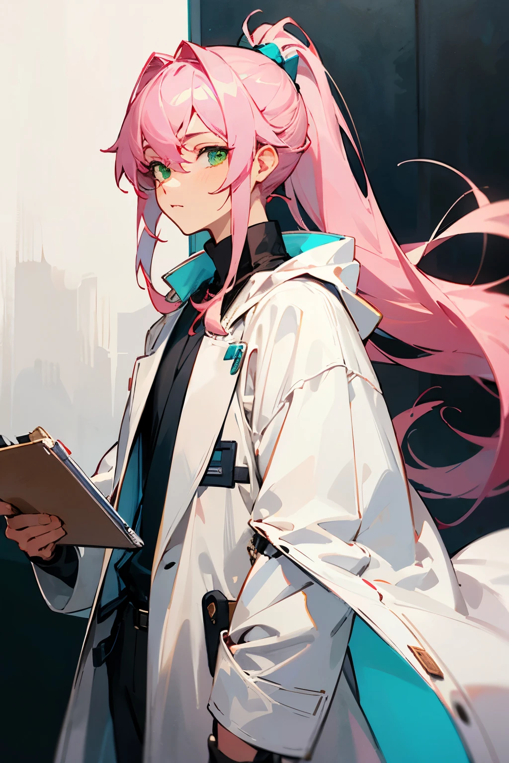 ((best qualityer)), ((work of art)), (detailded), male, wearing white coat, pink hair, green eyes, holding clipboard, long hair, ponytail