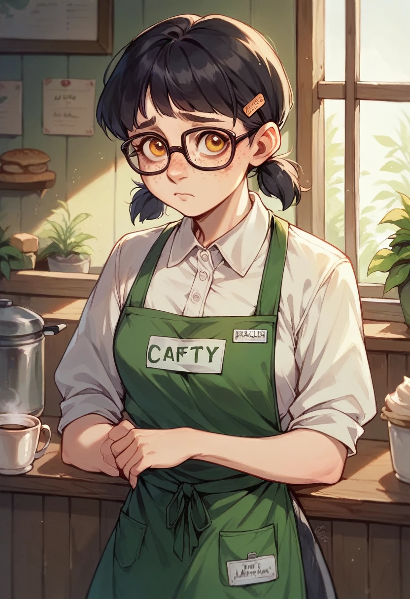(masterpiece:1.2), (best quality:1.2), (Nerdy girl), short pigtails, black hair, glasses, freckles, shy, amber eyes, café uniform, apron, name tag, neat appearance, timid posture.