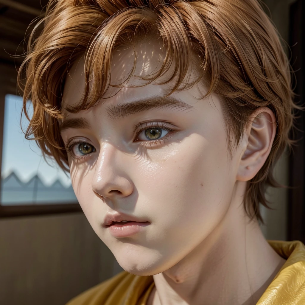 King David of the Bible in Ghibli Anime Style, focus on his face, slightly reddish blonde hair, yellow eyes