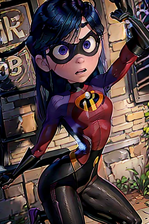 Violet Parr, Incredibles, Leotard, Pole Dancing, Disney Pixar Animated Style, detailed face, beautiful eyes, medium breasts