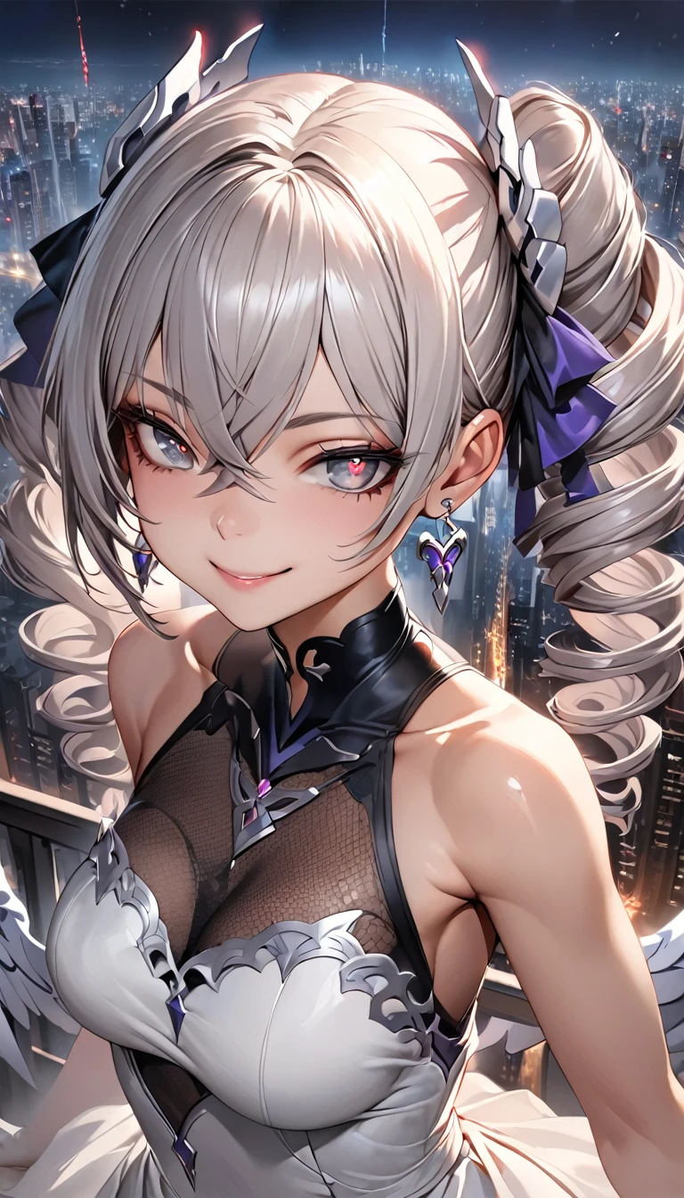 (Realistic painting style:0.9), masterpiece, Highest quality, Absurd, View your viewers, alone, Bronya Zajczyk (Silver Wing N-EX), Bronya Zajczyk, Red pupils, One girl, alone, chest, Long Hair, dress, Grey Hair, chestの谷間, View your viewers, smile, Mouth closed, bangs, Grey Eyes, jewelry, 片手gloves, Earrings, white dress, gloves, Exposing shoulders, No sleeve dress, Drill Hair, No sleeve, One Sleeve, Hair between the eyes, large chest, Twin Drill, White sleeves, hair ornaments, Piece shoulders, city, night