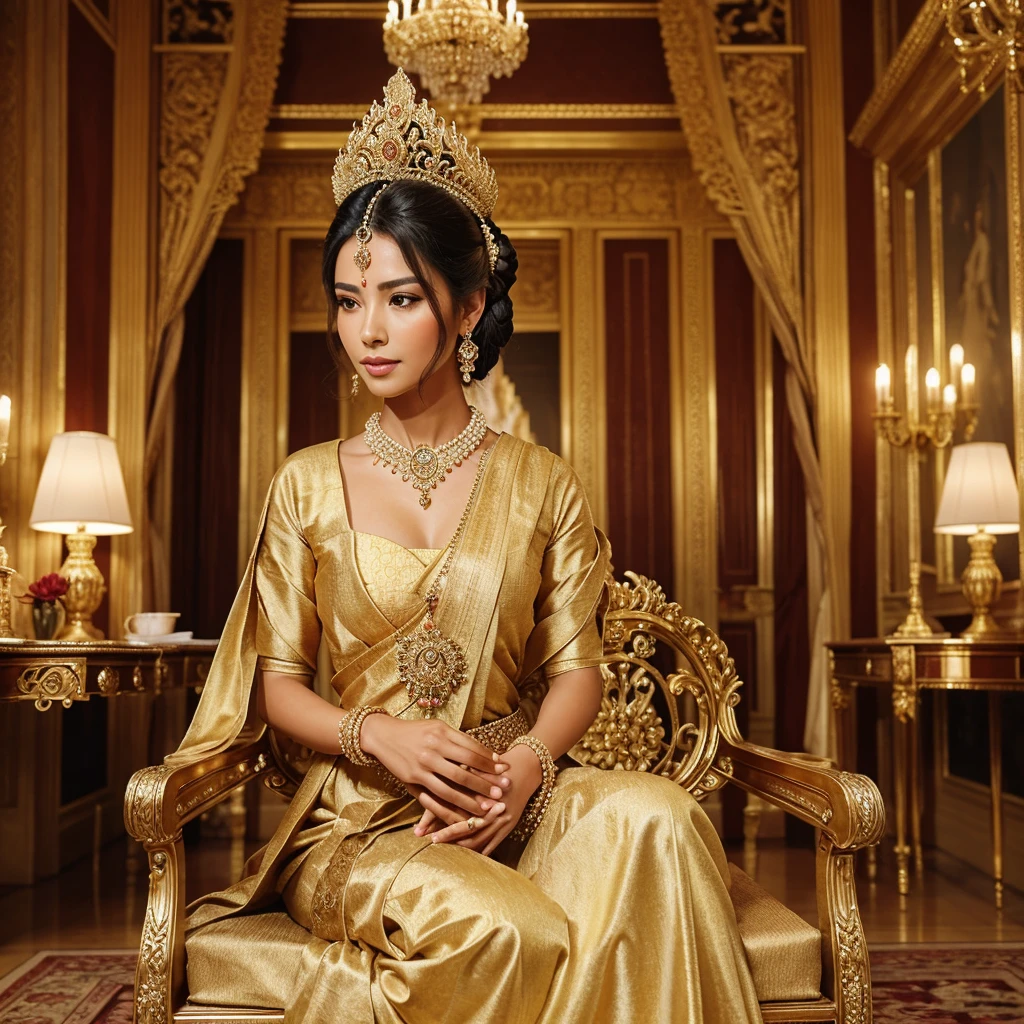 "Create a stunning visual of a beautiful woman standing gracefully, carrying a mala of flowers. She should be dressed in traditional royal attire, embodying elegance and grace. Nearby, depict ten prince seated on ornate chairs, each wearing regal garments, showcasing their royal status. The setting should be a grand palace interior, rich in detail and ambiance, with an aura of majesty and splendor."