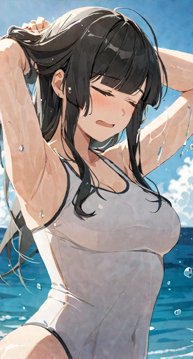masterpiece,best quality, solo, eda, bangs, black hair, upper body,blue sky,cloud, shy expression, medium breast, hot, thicc, swimsuit , ocean, water, she is tying her hair, she is shy, embarrassed , she is embarrassed, dynamic pose, close shot, upper body, chubby, dynamic pose, straight body, chest up, closed eyes
