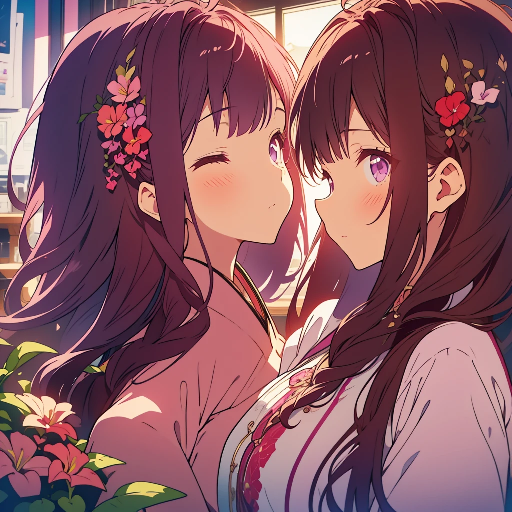 Purple Streptocarpus Flowers、A girl with long dark brown hair sits with her eyes closed、A with short pink hair sings with her mouth open