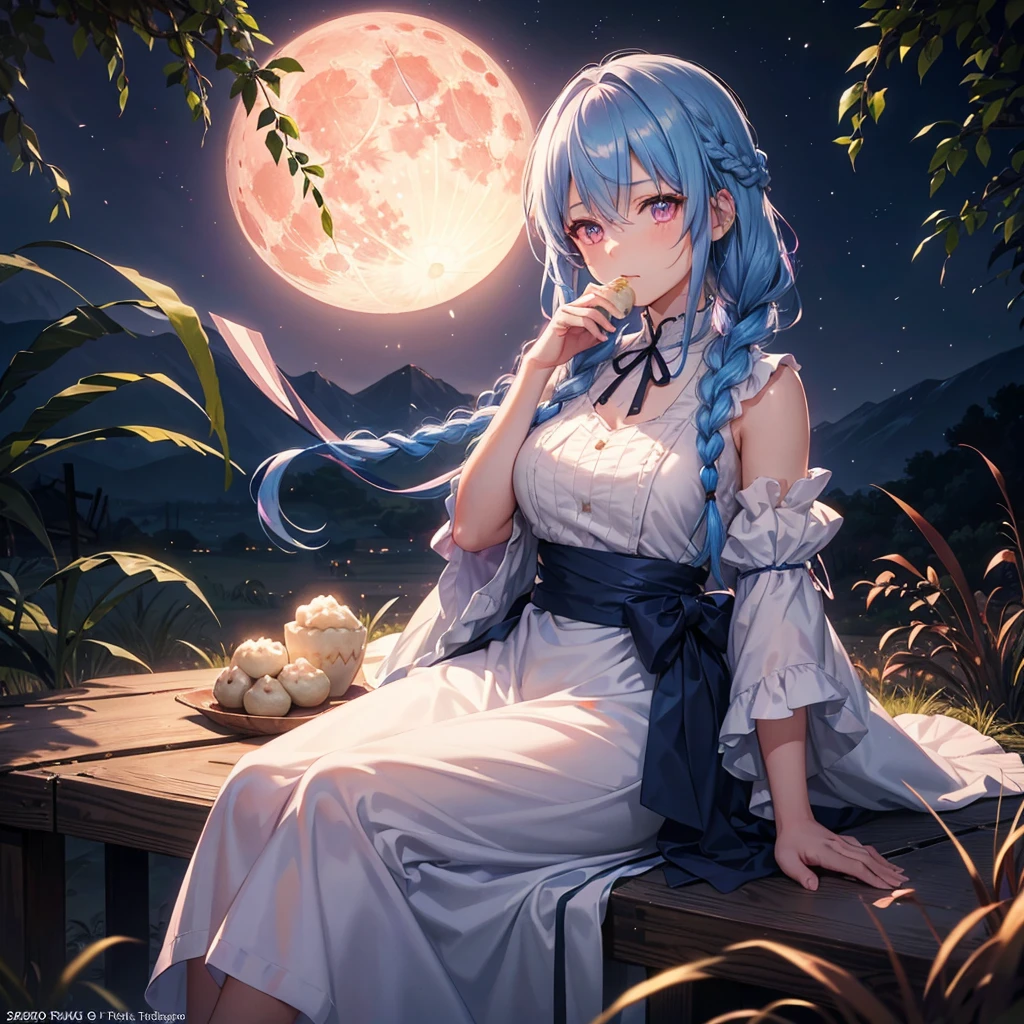 Sky blue hair, (Braided medium hair), (Pink eyes),Fair skin)  ,(whole body),(One Girl),(harvest moon),(A large amount of Miscanthus sinensis in the background),(full moon),(masterpiece, Highest quality, Very detailed, Best Shadow), (Detailed Background), (Beautifully detailed face), High Contrast, (Best lighting, Very delicate and beautiful), ((Cinematic Light)), Hyper Detail,8k, Dramatic Light, Intricate details,(sitting down to eat rice dumplings)
